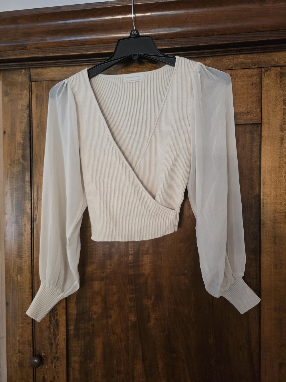 O Urban Outfitters Cream Ribbed Wrap Top with Sheer Puff Sleeves Medium